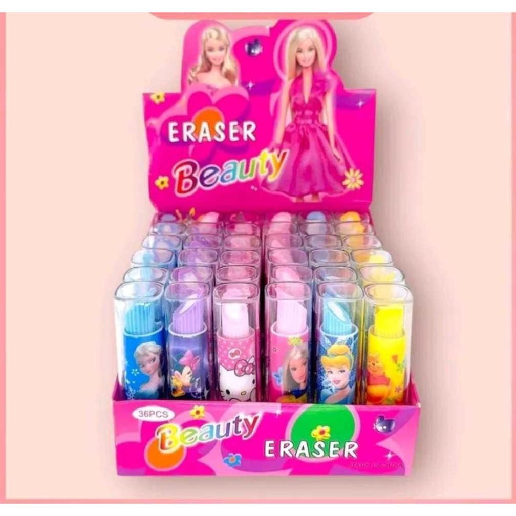 

PAKET 1 PACK ISI 36 PCS PENGHAPUS BENTUK LIPSTIK Karakter Kartun Warna Warni Anak Sekolah