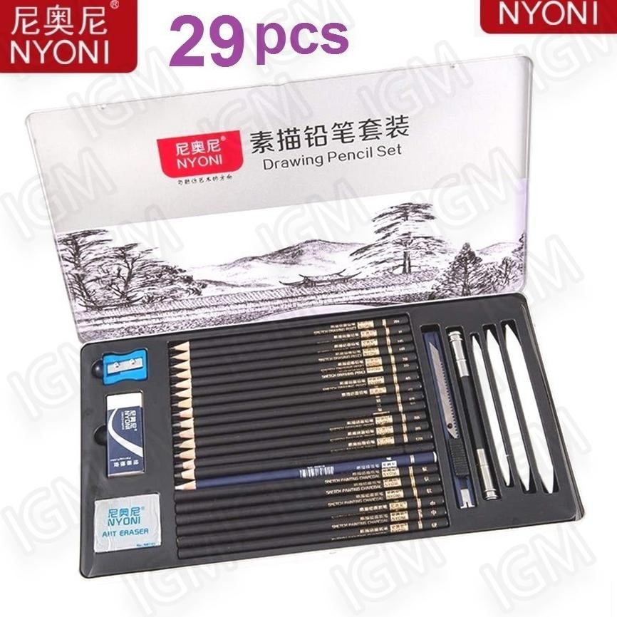 

Drawing Pencil Nyoni Gambar Set 29pcs Metal Tin Box Pensil Gambar Lukis Sketsa Lengkap Paket