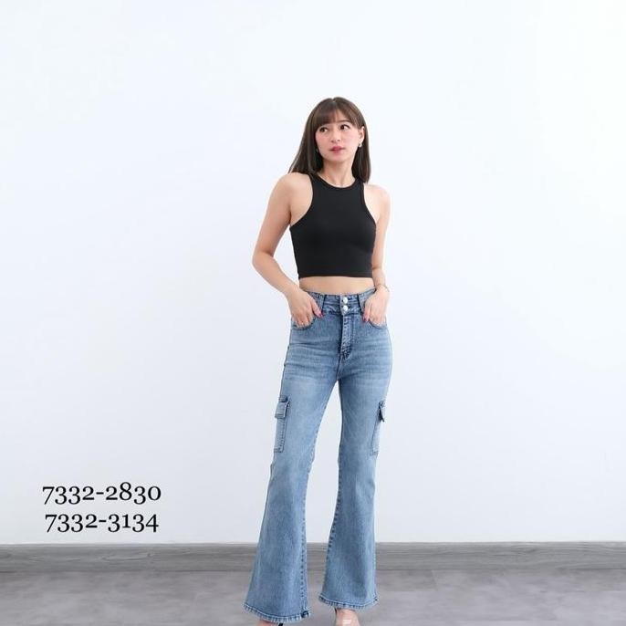 Celana Cutbray Cargo Pinggang Highwaist kancing 2 Kezya Jeans Wanita Karet Panjang Denim Cewek Dewas