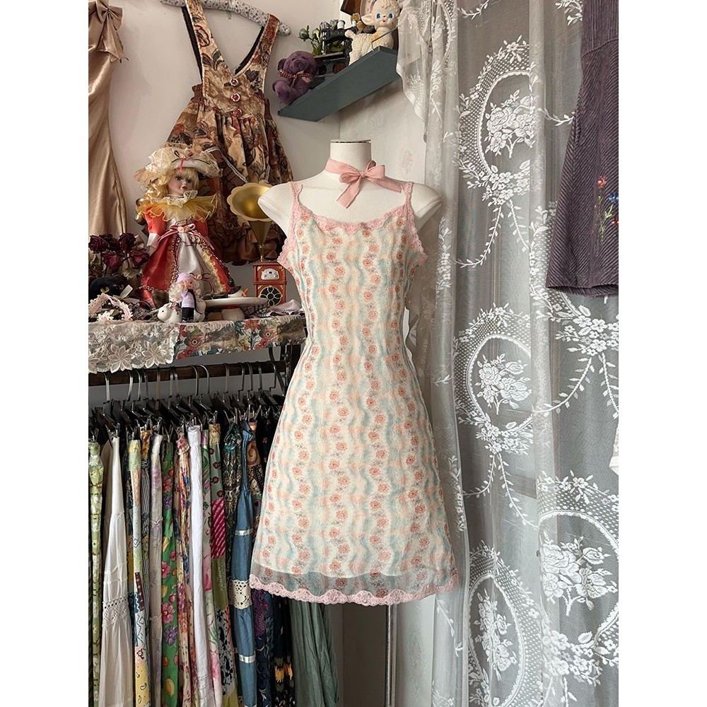 Verve WardrobeGaun Suspender Bunga Renda Desain Vintage Untuk Wanita Rok Pendek A-Line Yang Segar Ma
