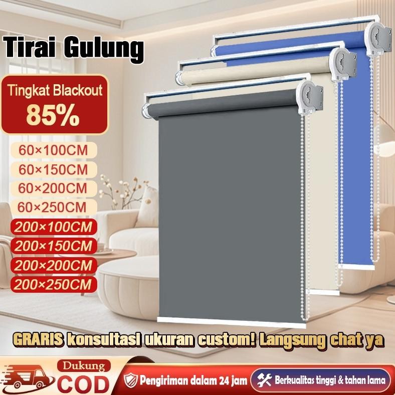 Roller Blind Premium Blackout 85%  Dengan Rel Kepala - Tirai Gulung Kedap Air & Anti UV Terbaik Untu