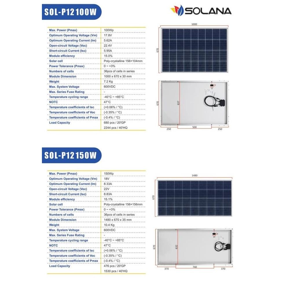 SOLANA 150WP 12V SOLAR PANEL - SOLAR CELL - PANEL SURYA POLY
