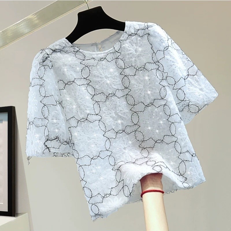 Embroidery Contrast Color Round Neck Puff Sleeve T T-shirt Sequins Short Sleeve Lace Shirt