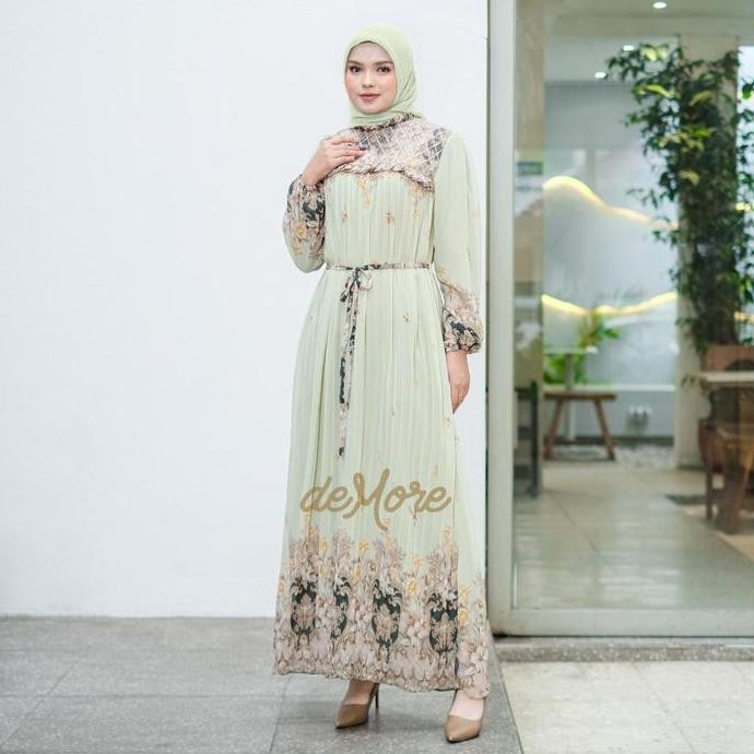 DT65 >> Demore Gamis Kavina Maxi Rempel Pleats Kekinian - Abaya Plisket Elegan Motif Bunga Tabur - D