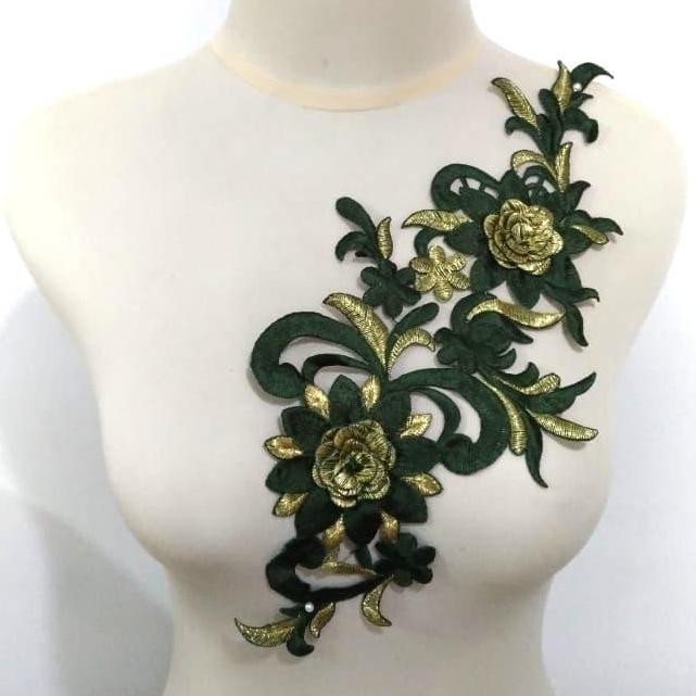 

\\\\\] Renda Aplikasi Bordir Tabur / Patch Bordir Bunga Rosa Hijau Army-Emas