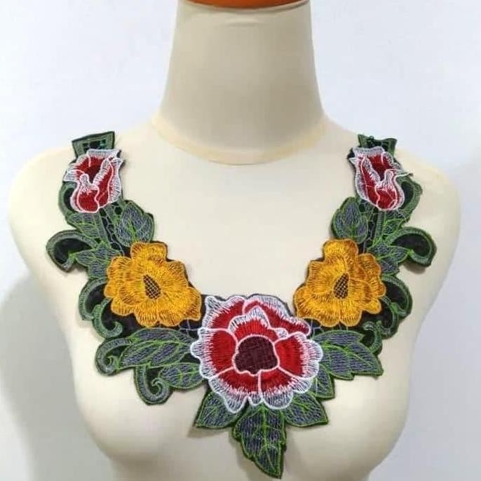 =====] Renda Aplikasi Kerah Jahit Motif Rose Kuning (Hijau Lumut)