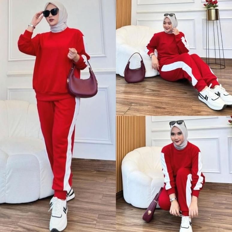 Cod Hj-64 Nira Setelan Merah / Setelan Jogger / Baju Setelan Wanita / One Set Celana / Setelan Baju 