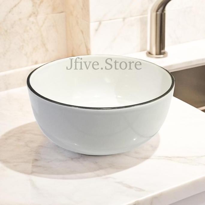 Mangkok Keramik Putih List Hitam 14Cm | Mangkok Sup Keramik | Mangkok Bakso Allshop