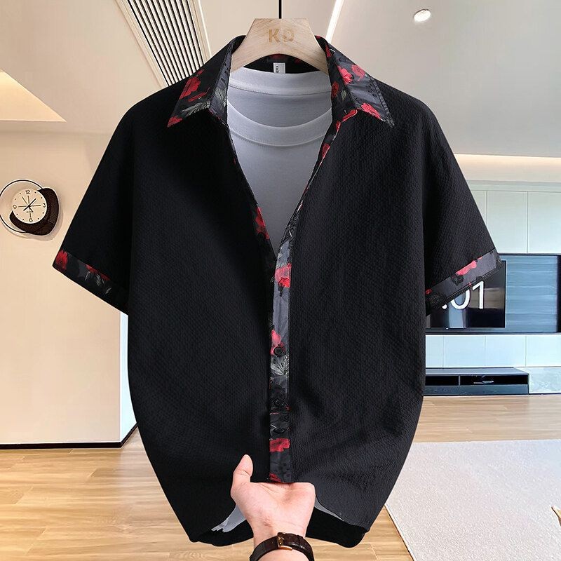 Kemeja Lengan Pendek Pria Musim Panas Baru dengan Blok Warna dan Pola Gelembung, Kemeja Pria Trendy