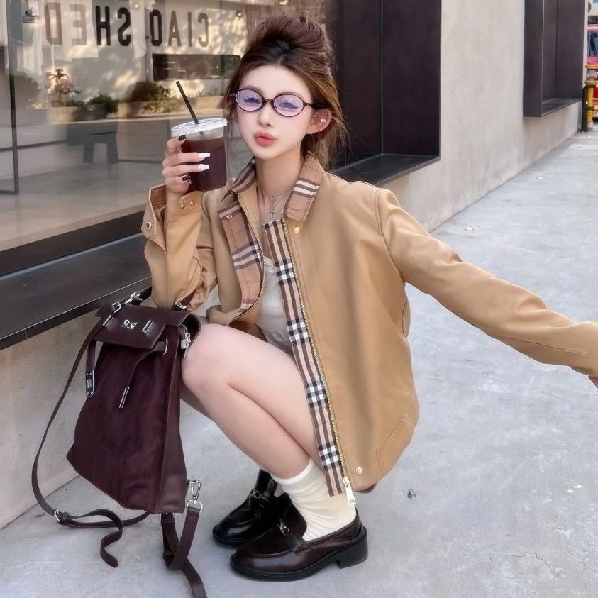 [Cream Winnie]Jaket trench coat patchwork khaki kasual dan modis dengan motif kotak-kotak