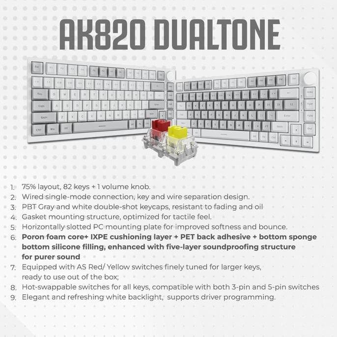 Ajazz AK820 Dual Tone 75% Mechanical Keyboard Wired White Backlight