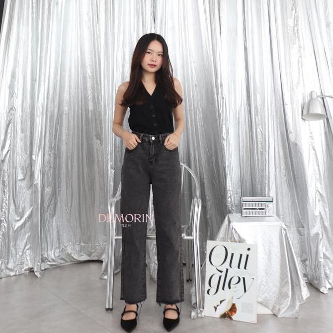 Ds16 >> Celana Panjang Jeans Wanita Straight Fit Cewek Bahan Non Stretch Jeans Frayed Hem Unfinished