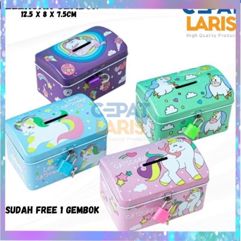 Cuci Gudang Celengan Kaleng Kunci Saving Box Tempat Penyimpanan Uang Motif Unicorn Celengan Gembok M