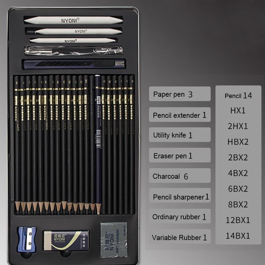 

Kuke Nyoni Sketch Drawing Pencil / Pensil Grafit Charcoal Arang 29 Pcs Set Tin Case Ter-46