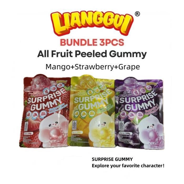 

HalalLianggui Bundle Paket Kombo Mix Flavour All Fruit Peeled Gummy | Permen Lunak Aneka Rasa Permen Kupas Surprise Gummy Explore Your Favorite Character