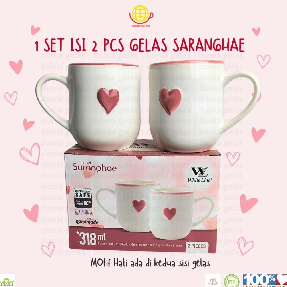 1 Set isi 2 pcs Gelas Mug Saranghae 318 ml / Gelas Keramik Set / Gelas Kado / Cangkir Keramik Motif 