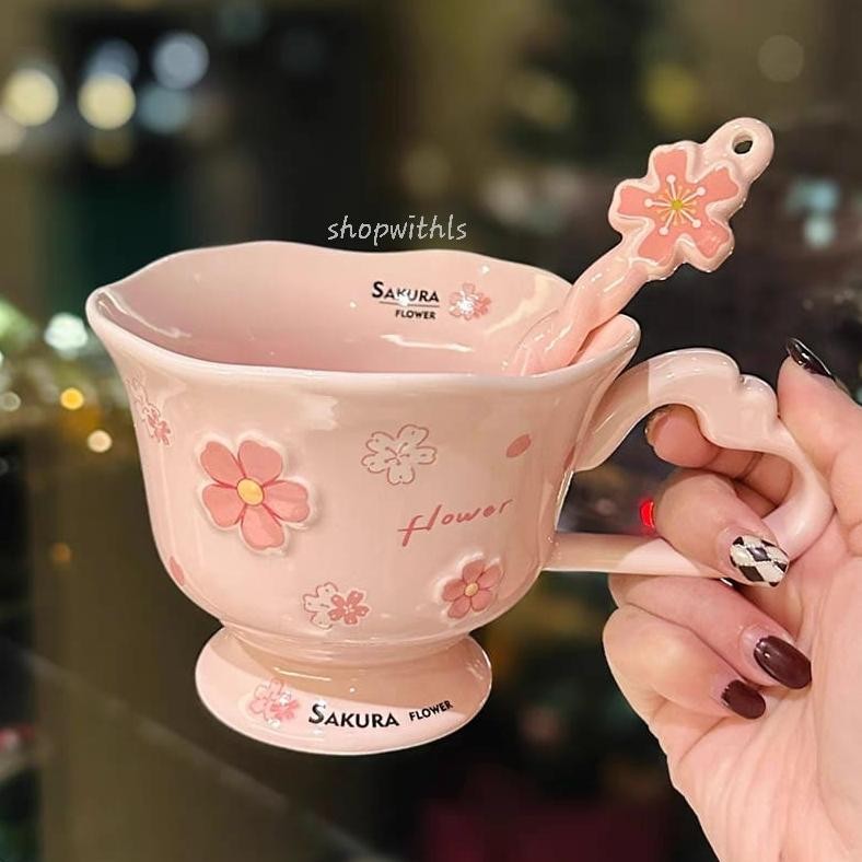 SAKURA CUP & SPOON (1 SET) /Premium Cup & Spoon/Aesthetic Tea Cup Korean Style/Cangkir Teh Vintage/C