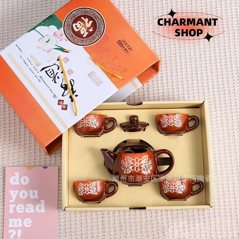 [CHARMANT]  Set Teko Keramik Mewah Cangkir Kopi Unik Keranjang Hadiah Teko Cina Estetika Sakura / Ha