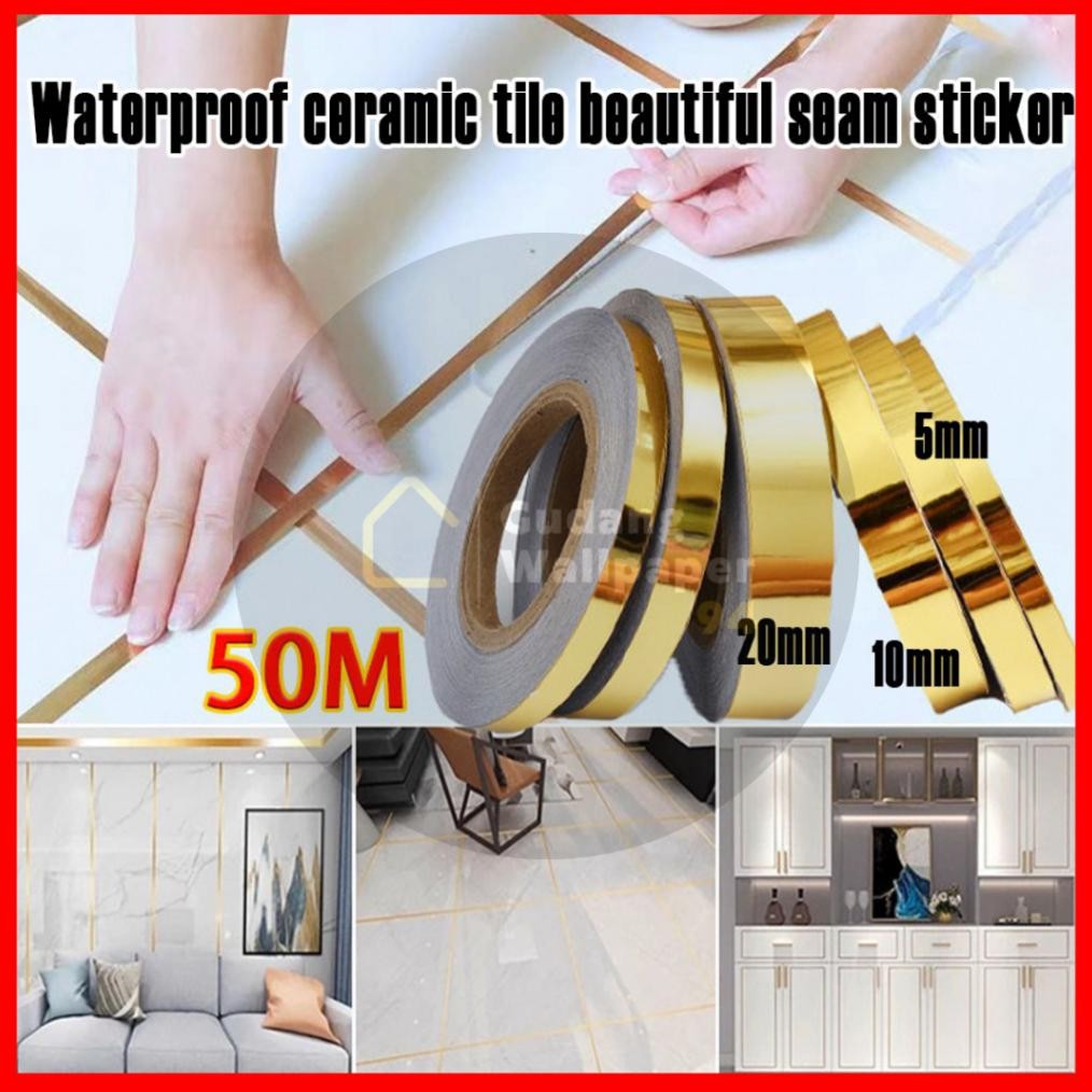(COD) Sticker List Pembatas Keramik / Stiker Dekorasi Lantai / Warna Emas Gold Silver Anti Air 50 M 