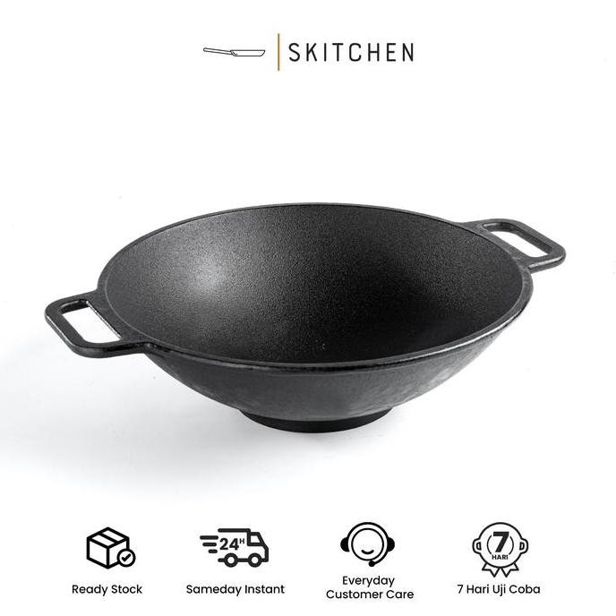 SKITCHEN Cast Iron Waingapu Wok - Wajan Kuali Penggorengan Besar Besi Cor, Premium Anti Gores Tahan 