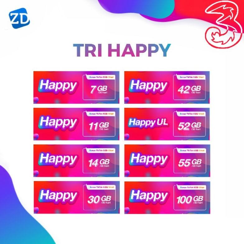 Paket Data Tri Happy 100Gb 55Gb 42Gb 30Gb 18Gb Full Kuota Utama 24 Jam