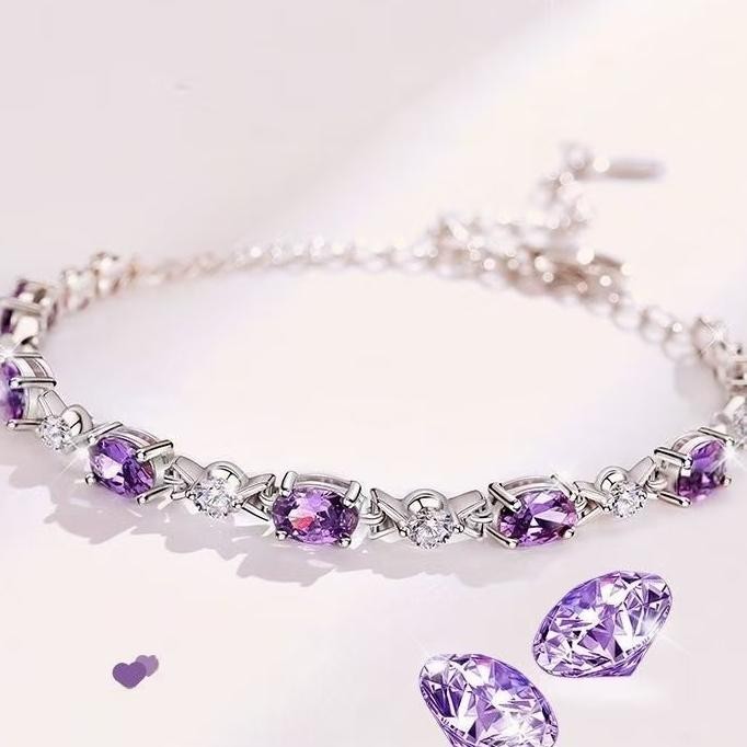 Gelang Batu Permata Ungu Wanita Baru Gelang Persahabatan Perak 925 Sterling Gelang Persahabatan