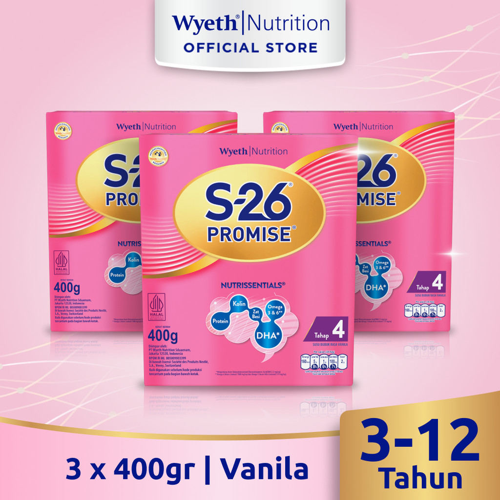 S-26 Promise Tahap 4 Vanila Susu Bubuk untuk Anak Usia 3-12 Tahun, Kotak 400 gr x 3 Pcs