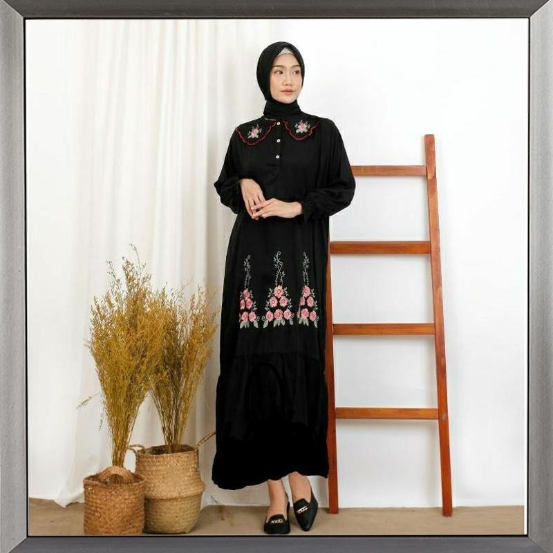 Cuci Gudang Gamis longdress bordir kerah rebah rayon twill ALF-80