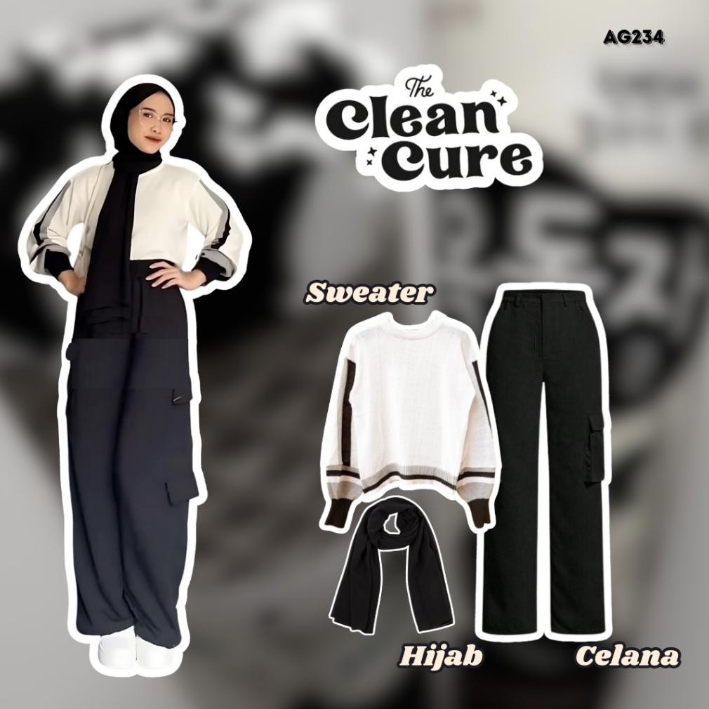 Promo Xtra Outfit Hijab Casual 3In1 Ootd Korean Style Outfit Set Wanita Kekinian | Sweater + Celana 