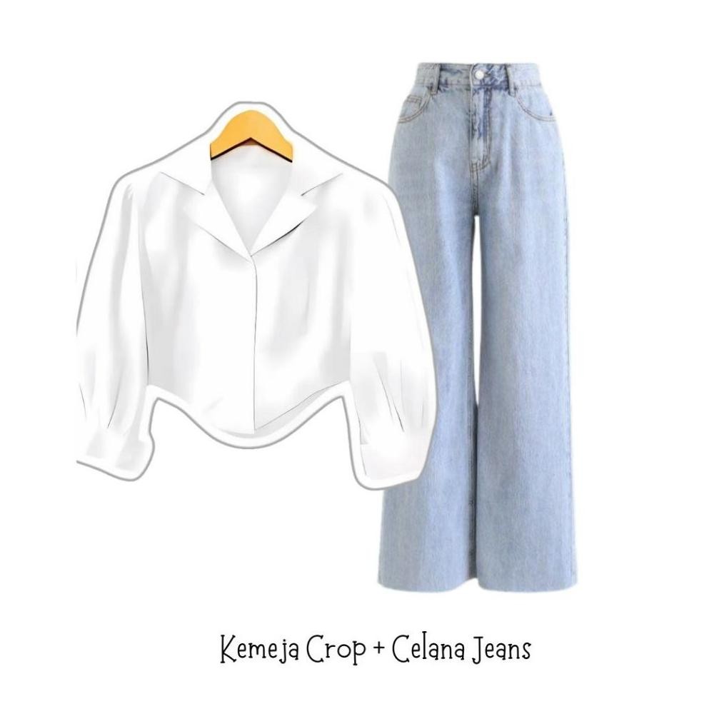 9.9 One Set Outfit 3In1 Kemeja Crop Putih Celana Jeans Highwaist Kulot Jilbab Bella | Ootd Wanita Pe