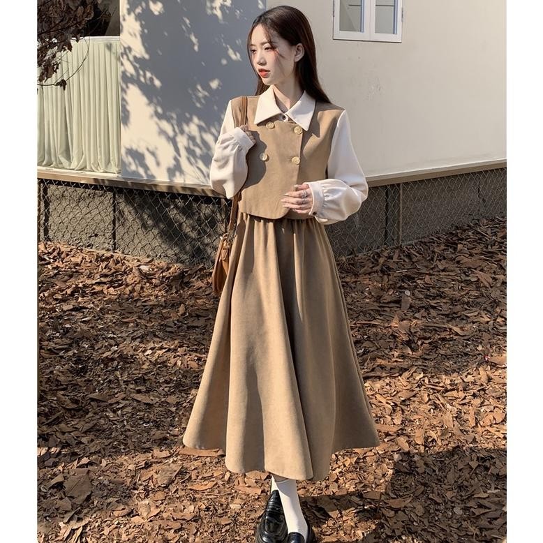 Dress Retro Kasual Wanita Gaya Korea Dress Lengan Panjang Kerja Longgar