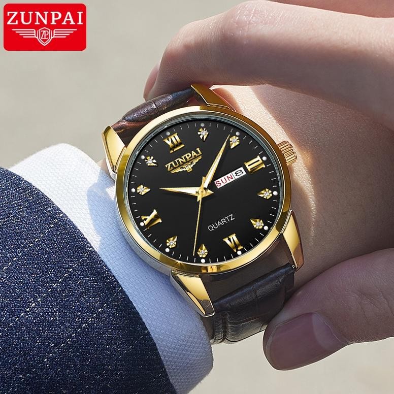 ZUNPAI Jam Tangan Pria Asli Anti Air Kalender Bercahaya Bisnis Baja Tahan Karat Emas Jam Tangan Pria