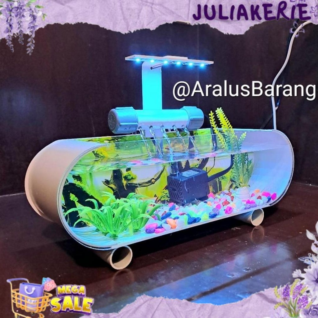 UNIK Aquarium Mini Fullset Dengan Air Terjun/Aquarium Mini/Aquarium Akrillik/Aquarium Minimalis Full