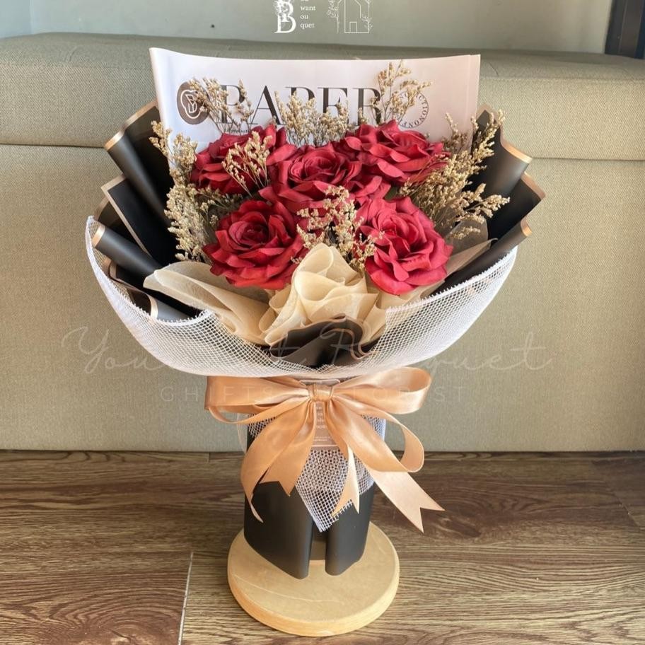 Buket Bunga Mawar Besar Isi 5 Plus Kaspea Kering Free Ucapan Dan Paking Bouquet Ucapan