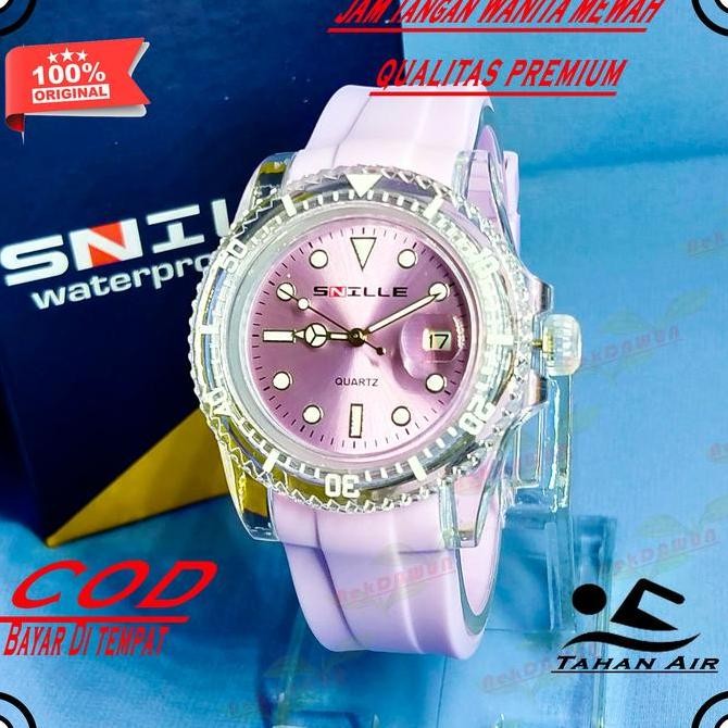 Jam Tangan Wanita Mewah Cewek Anti Air Warna Pink Dan Ungu Original Snille Tali Rubber Water Resist 