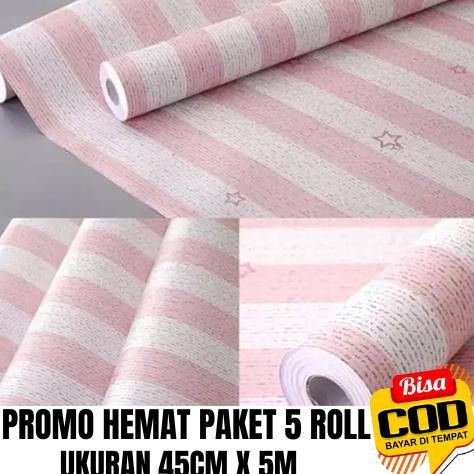 Promo Paket 5 Roll Wallpaper Dinding Aesthetic Motif Salur Pink Bintang Premium Pvc Wallstiker Murah