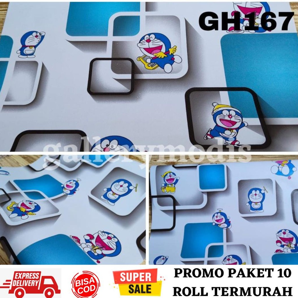 (COD)-PAKET 10 ROLL Wallpaper Stiker Dinding Wallpaper Stiker Ruang Tamu Motif Doraemon Kotak Wallpe