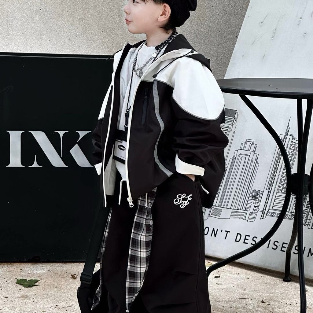 Jaket Trench Coat Blok Warna Anak Laki-laki Pakaian Luar Keren