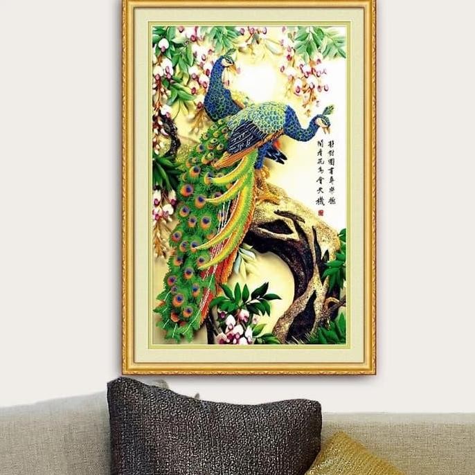 Diamond Painting Full  merak hijau sepasang  50 x 80 cm Paket DIY Kit Vertikal Lukisan Fengshui D031