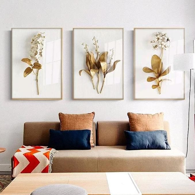 Lukisan Bunga Emas Kanvas Print High Definition Modern Seperti Timbul Termasuk Bingkai Frame Gold Ku