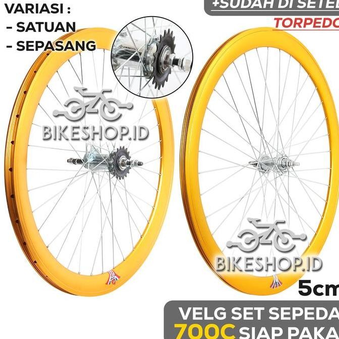 Velg Set Sepeda 700C 5CM GOLD BELAKANG TORPEDO / DEPAN Alloy Rims Roda Siap Jadi Fixie Balap Road Bi