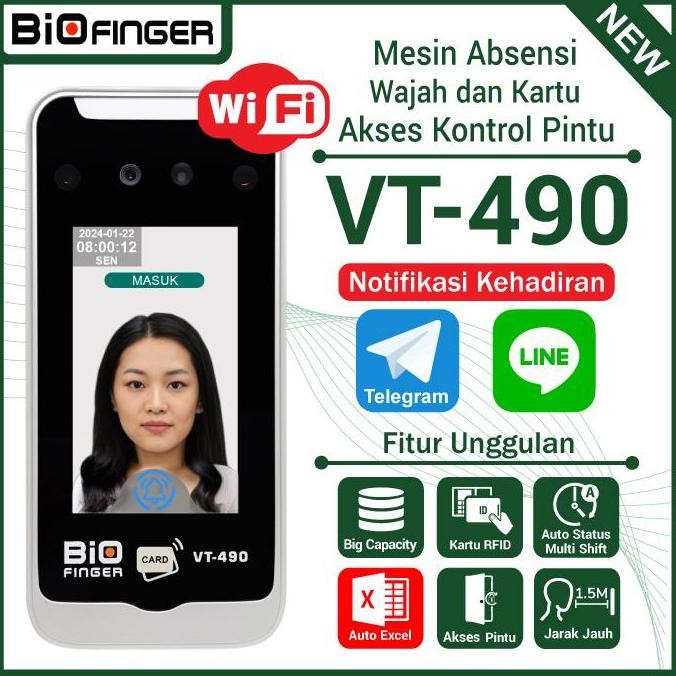 Fingerprint Free Notif Telegram/Line Absensi Wajah Kartu Biofinger Vt-490 Usb Flash Wifi Lan Auto Ex