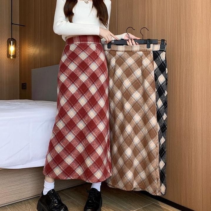 Rok Midi Split Rok Wanita Temperamen Rok Aserbaguna Rok Kotakkotak Retro Pinggang Tinggi