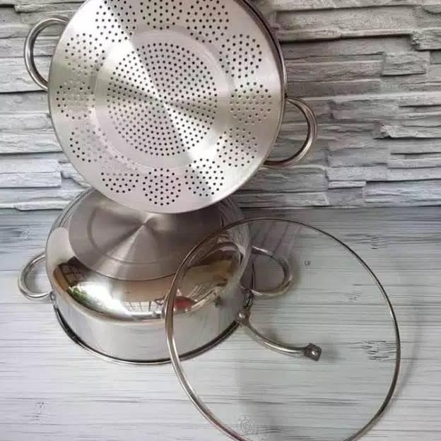 Promo Super Steamer 40 cm 2 Susun Supra Stainless Panci Kukusan Tutup Kaca COD