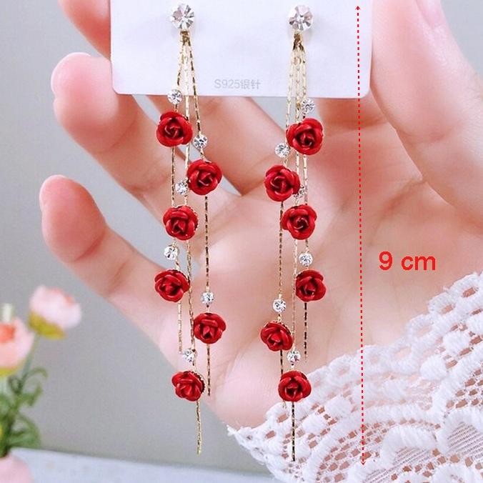 Anting Bunga Merah Panjang Rumbai Anting Pesta At380