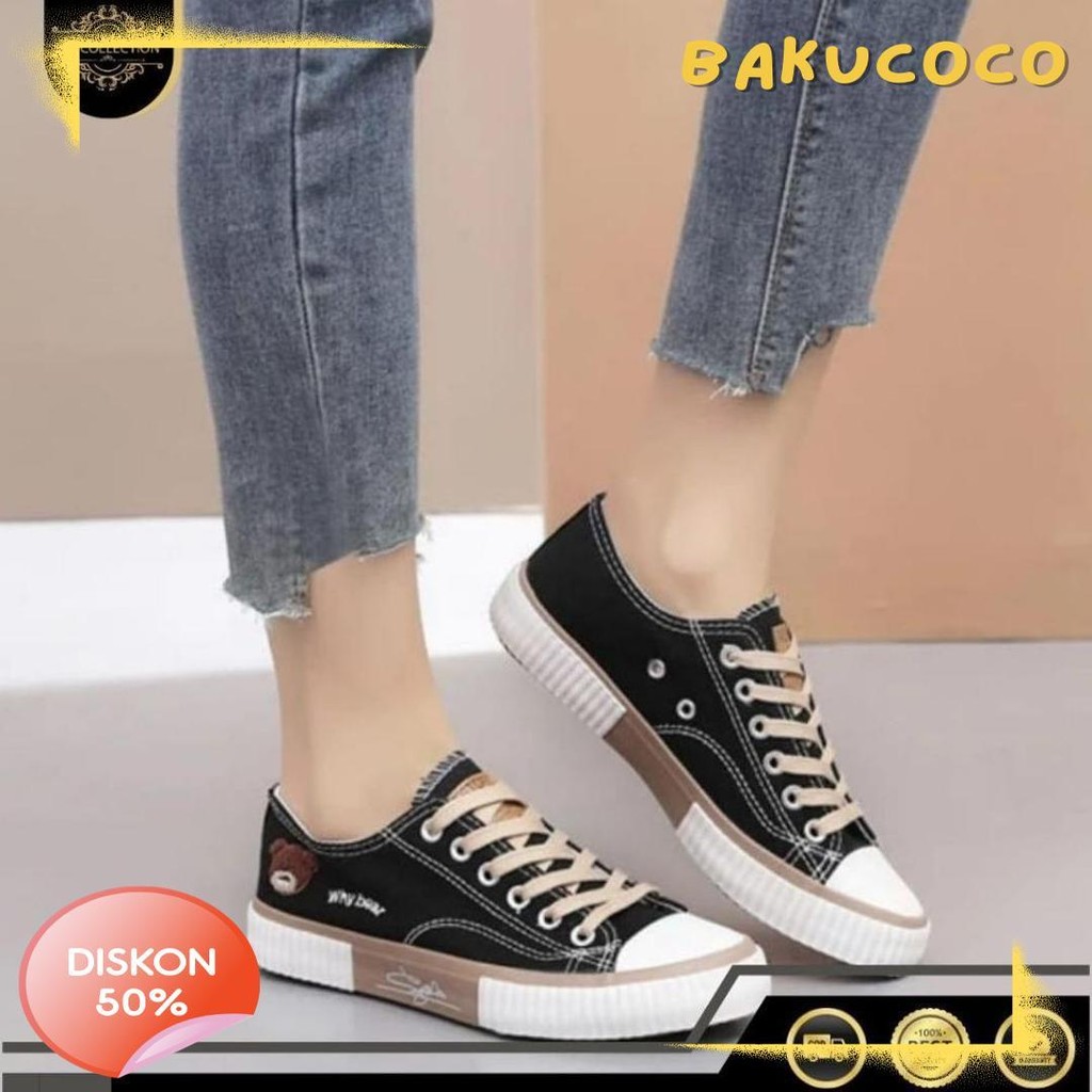 Diskon Up To 70% Dm Shopp - Sepatu Sneakers Wanita Perempuan Bahan Canvas Temali Variasi Bear Low To