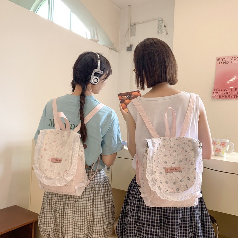 Y2.Morgan Ransel Kain Komposit Renda Manis Untuk Wanita  Tas Sekolah Serbaguna Baru  Tas Sekolah Kec