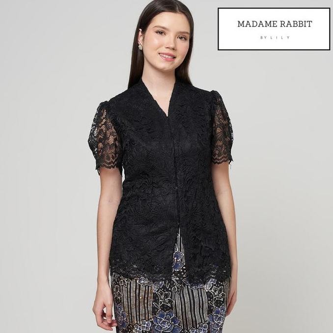 Blouse Kebaya Brokat Modern Madame Rabitt Puff Hitam Lengan Pendek Dress Wanita AUL
