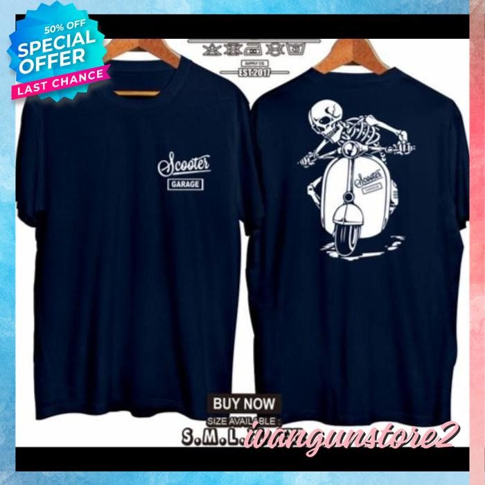 KUALITAS BERKELAS KAOS TSHIRT BAJU OBRAL MURAH COMBED 3 DISTRO VESPA SCOOTER GARAGE OTOMOTIF SKULL M