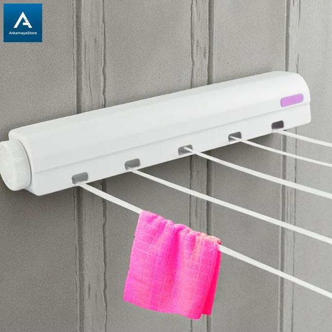 Jemuran Baju Dinding Tempel Lipat Gantungan Baju Praktis Tali Gulung